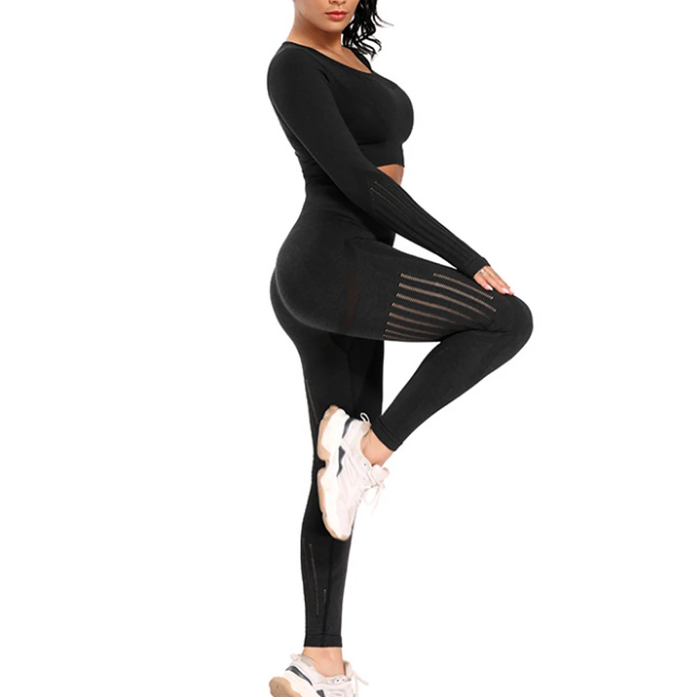 Жена, Безшевни комплект за йога, фитнес, Спорт, спортни облекла от 2 теми, ризи за йога с дълги ръкави, Гамаши за бягане с висока талия, Спортни панталони . ' - ' . 4