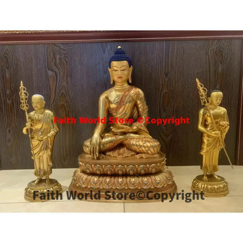 Набор от 3ШТ АЗИЯ Тантрически Будизъм всемогъщият Майстор Шакямуни Ученик Ананды Кашьяпы се Покланят на статуята на Буда Висококачествен мед . ' - ' . 0
