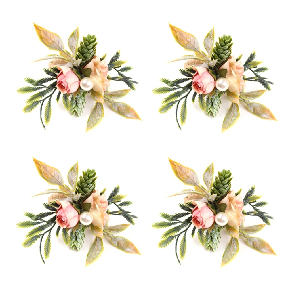 Двойни пръстени за салфетки във формата на рози, комплект от 4 пръстени за салфетки във формата на розови цветя, плодове и зелени листа, поставки за пръстени за салфетки ръчно изработени . ' - ' . 1