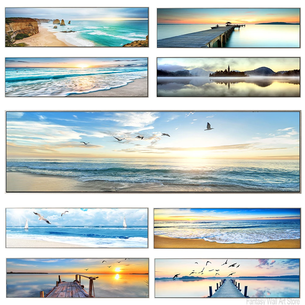 Съвременно Изкуство Пейзаж Плакат Морска Вълна Плажа на Залез слънце Боядисване на Стенни Декоративни Щампи Върху Платно Природа, Морски Пейзаж Картини за Дома . ' - ' . 0