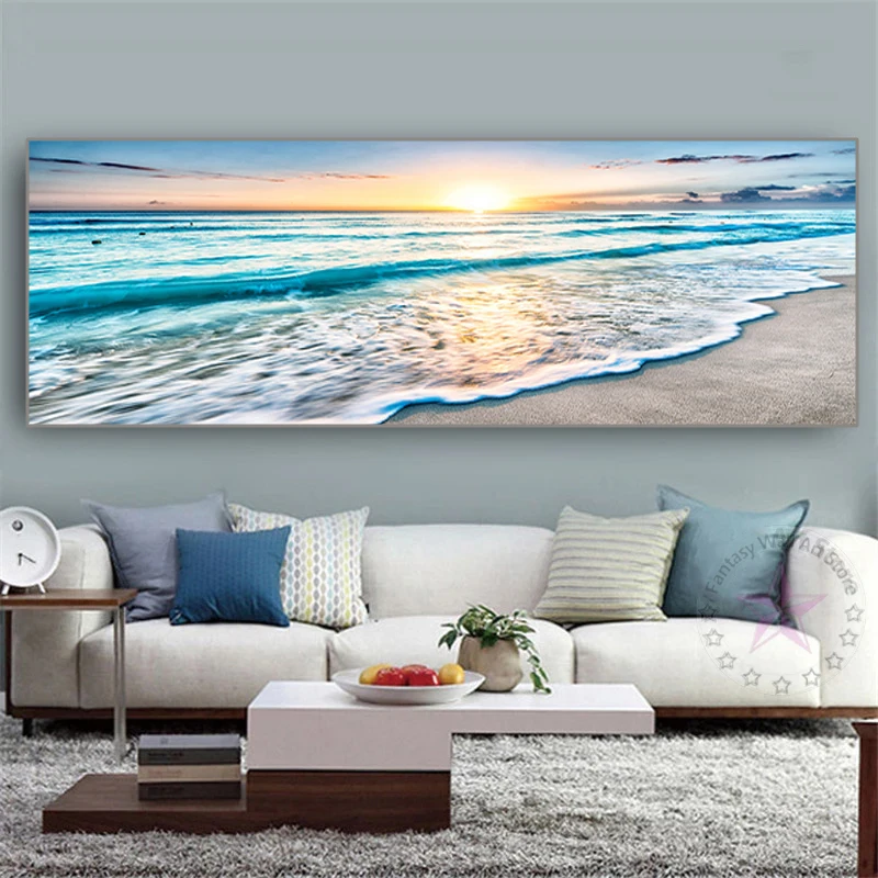 Съвременно Изкуство Пейзаж Плакат Морска Вълна Плажа на Залез слънце Боядисване на Стенни Декоративни Щампи Върху Платно Природа, Морски Пейзаж Картини за Дома . ' - ' . 2
