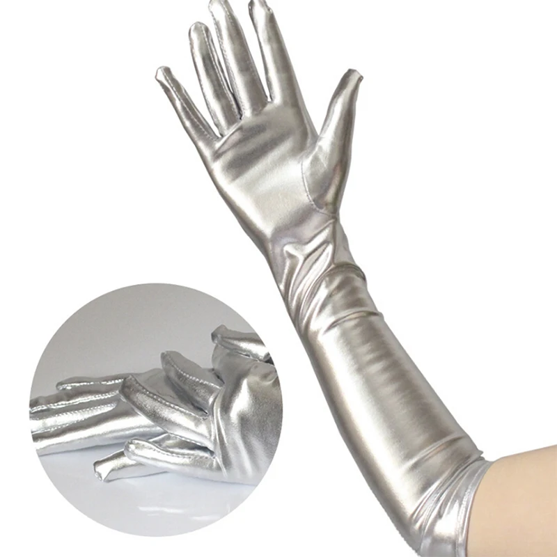 Златни Сребърни ръкавици от изкуствена кожа с метален ефект, вечерни ръкавици за изказвания, дамски секси латексови ръкавици с дължина до лакътя . ' - ' . 0