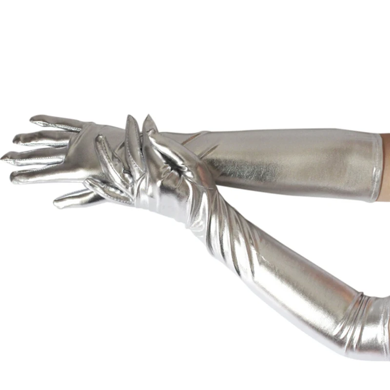 Златни Сребърни ръкавици от изкуствена кожа с метален ефект, вечерни ръкавици за изказвания, дамски секси латексови ръкавици с дължина до лакътя . ' - ' . 2