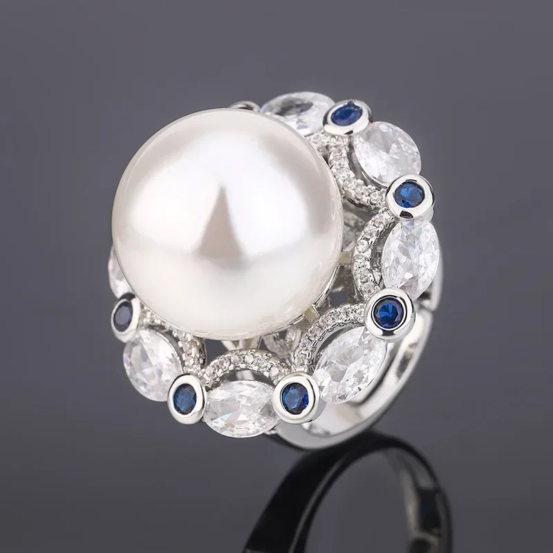 Новост 2023 година в ретро-стил, набор от регулираните годежни пръстени с бели перли за двойки, дамски бижута със сини 5A кубическим цирконием, висококачествен аксесоар . ' - ' . 1