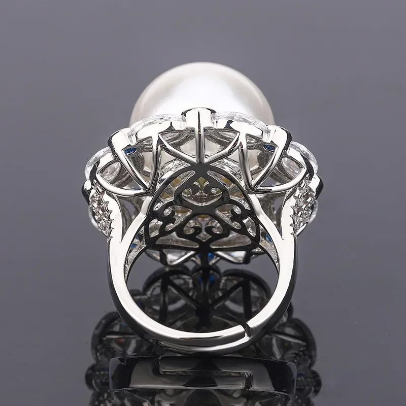 Новост 2023 година в ретро-стил, набор от регулираните годежни пръстени с бели перли за двойки, дамски бижута със сини 5A кубическим цирконием, висококачествен аксесоар . ' - ' . 4