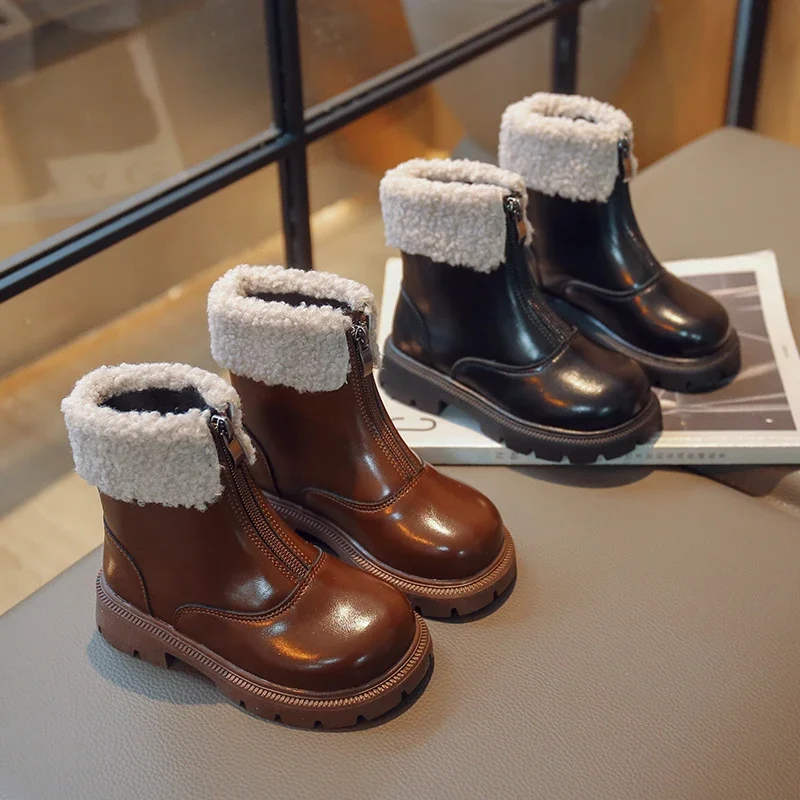 Детски зимни обувки, обикновен детски обувки на платформа и цип отпред, с модни обувки до средата на прасците, 26-36, черно-кафява унисекс обувки за момичета и момчета . ' - ' . 0