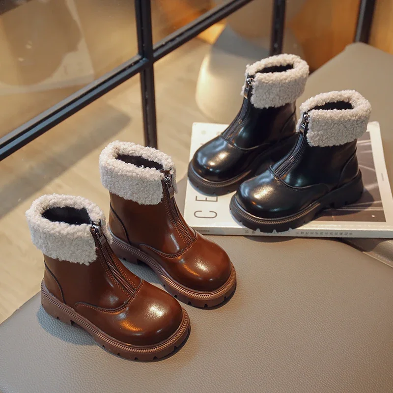 Детски зимни обувки, обикновен детски обувки на платформа и цип отпред, с модни обувки до средата на прасците, 26-36, черно-кафява унисекс обувки за момичета и момчета . ' - ' . 1
