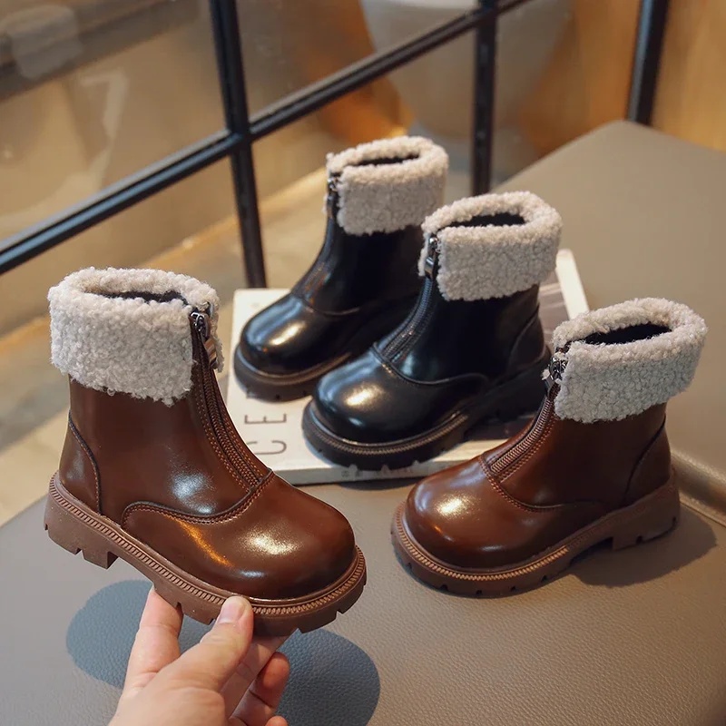 Детски зимни обувки, обикновен детски обувки на платформа и цип отпред, с модни обувки до средата на прасците, 26-36, черно-кафява унисекс обувки за момичета и момчета . ' - ' . 2