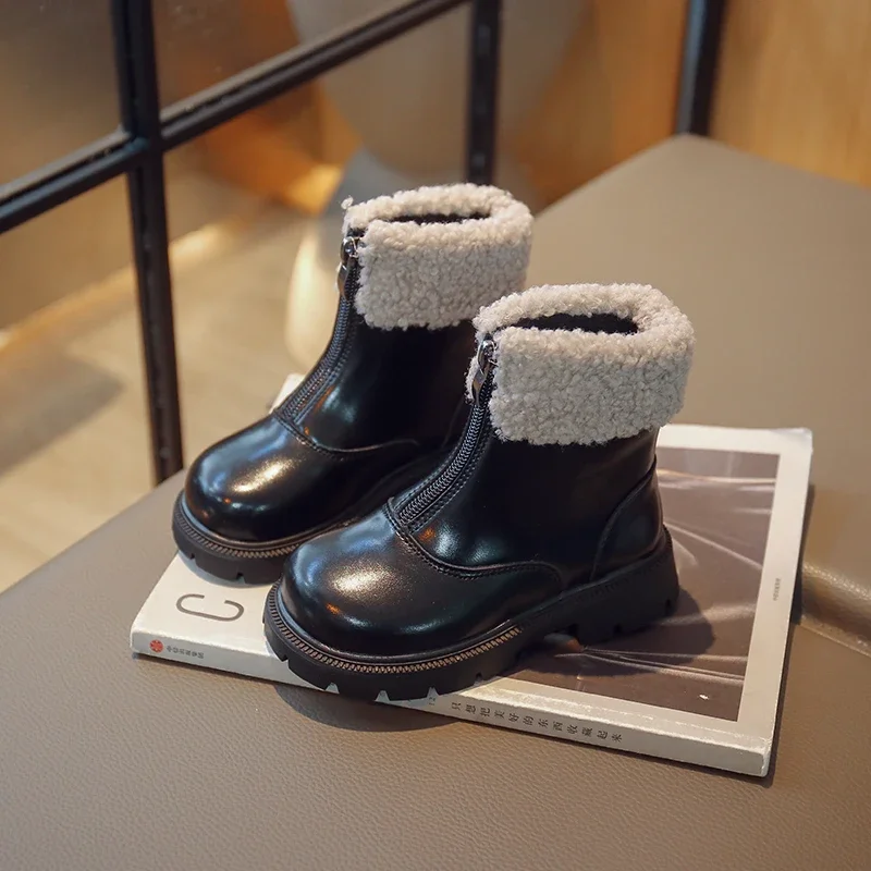 Детски зимни обувки, обикновен детски обувки на платформа и цип отпред, с модни обувки до средата на прасците, 26-36, черно-кафява унисекс обувки за момичета и момчета . ' - ' . 3