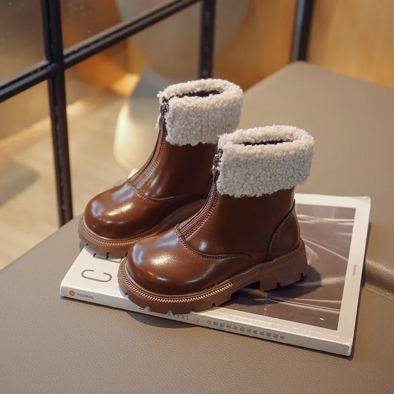 Детски зимни обувки, обикновен детски обувки на платформа и цип отпред, с модни обувки до средата на прасците, 26-36, черно-кафява унисекс обувки за момичета и момчета . ' - ' . 4