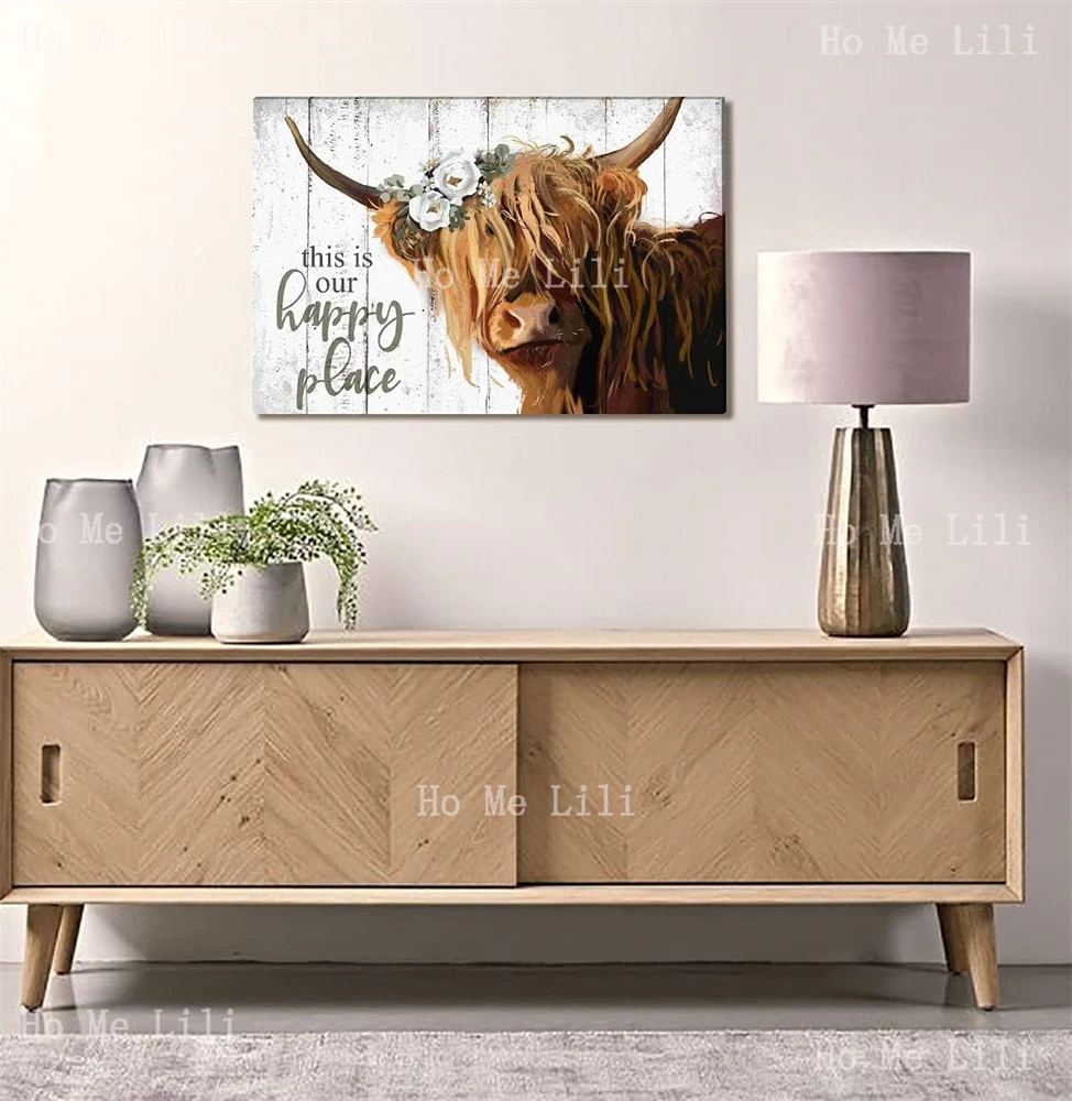 Вдъхновяващи плакат Highland Cow This Is Our Happy Place Дългокосместите шотландската крава С метален твърд знак във формата на бяло цвете . ' - ' . 2