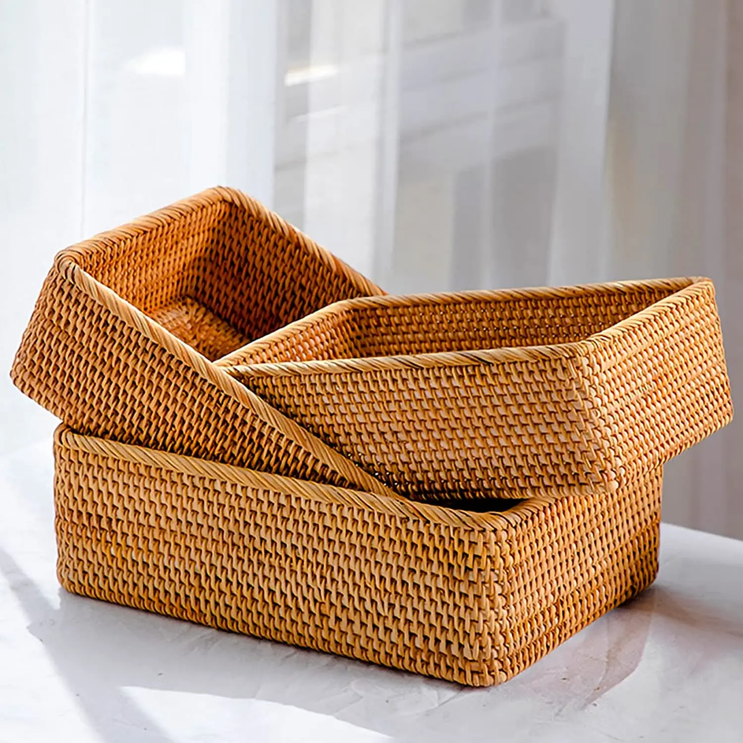 Правоъгълни кошница за съхранение от ратан 3 размера, плетени кошници, ръчно изработени, за декор, тава за плодове и кутия за съхранение на закуски . ' - ' . 0