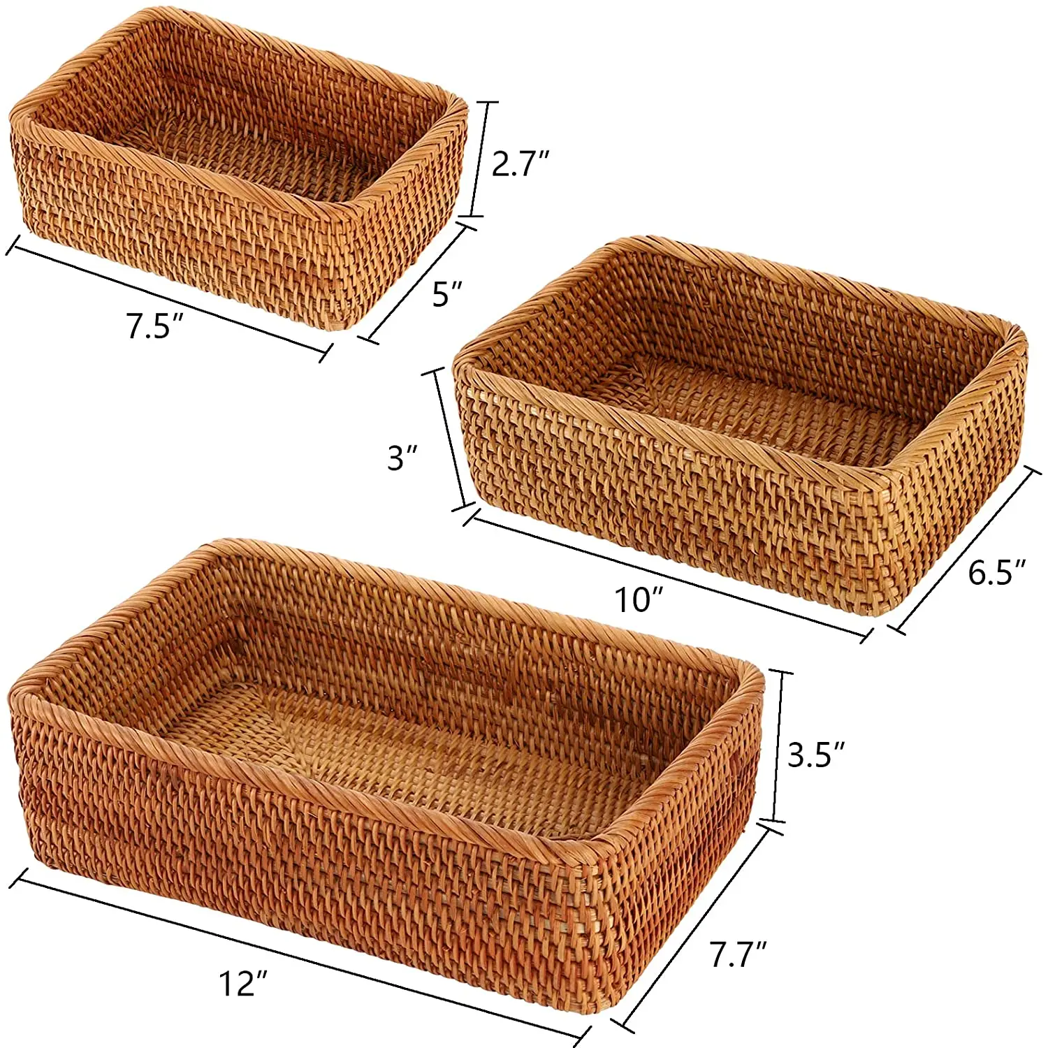 Правоъгълни кошница за съхранение от ратан 3 размера, плетени кошници, ръчно изработени, за декор, тава за плодове и кутия за съхранение на закуски . ' - ' . 1