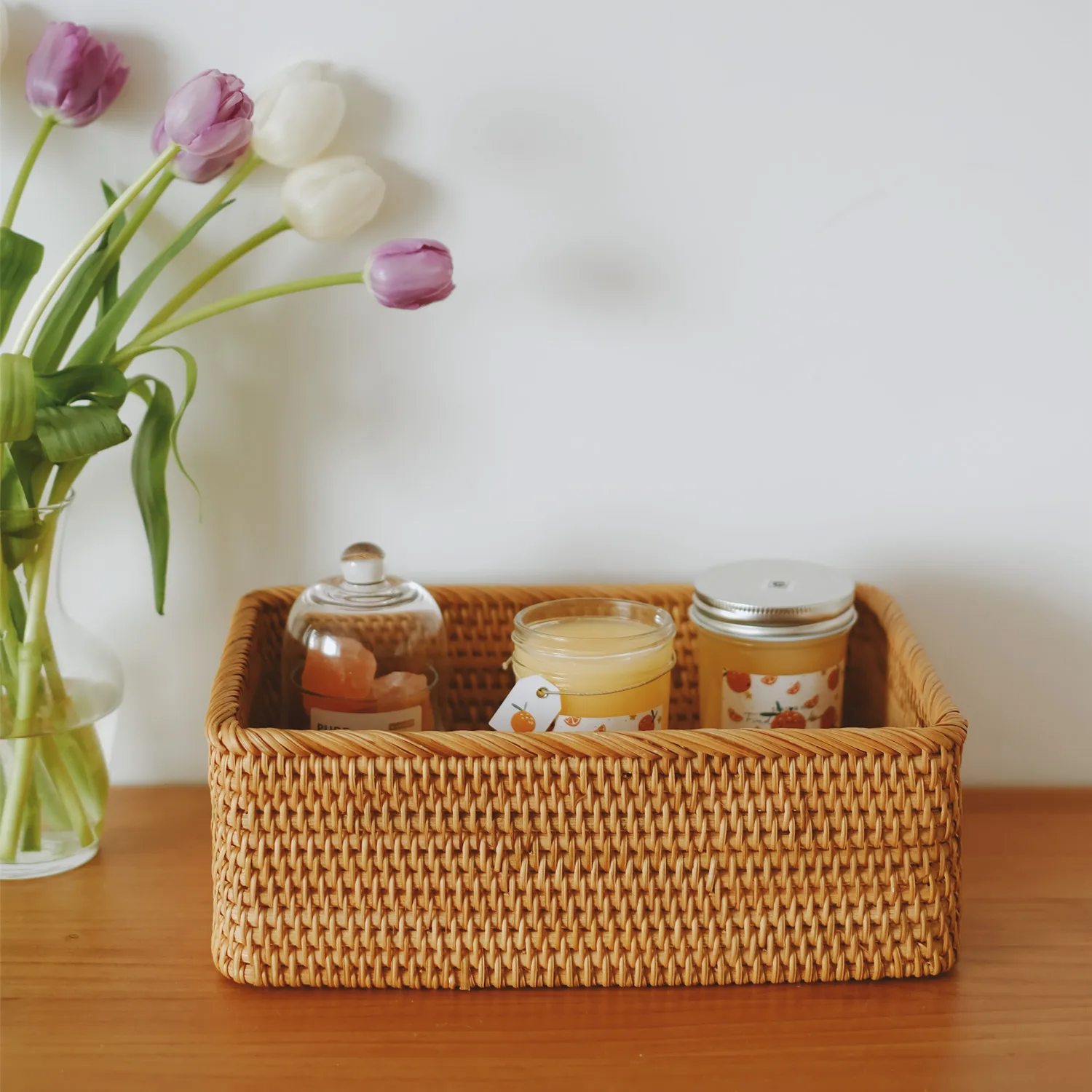 Правоъгълни кошница за съхранение от ратан 3 размера, плетени кошници, ръчно изработени, за декор, тава за плодове и кутия за съхранение на закуски . ' - ' . 3