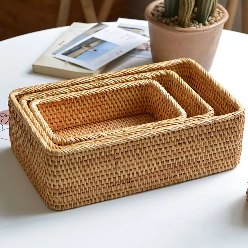 Правоъгълни кошница за съхранение от ратан 3 размера, плетени кошници, ръчно изработени, за декор, тава за плодове и кутия за съхранение на закуски . ' - ' . 4