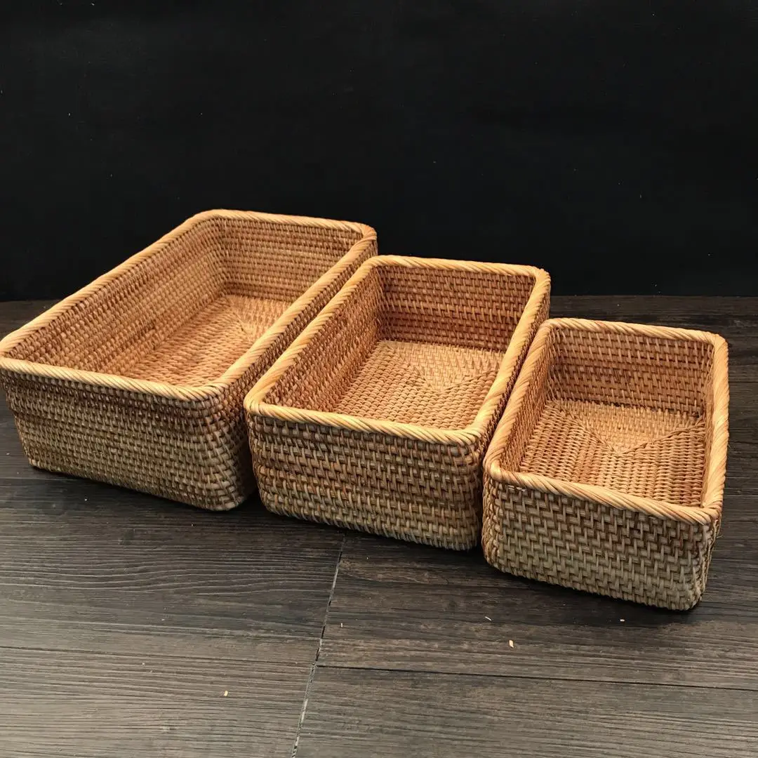 Правоъгълни кошница за съхранение от ратан 3 размера, плетени кошници, ръчно изработени, за декор, тава за плодове и кутия за съхранение на закуски . ' - ' . 5