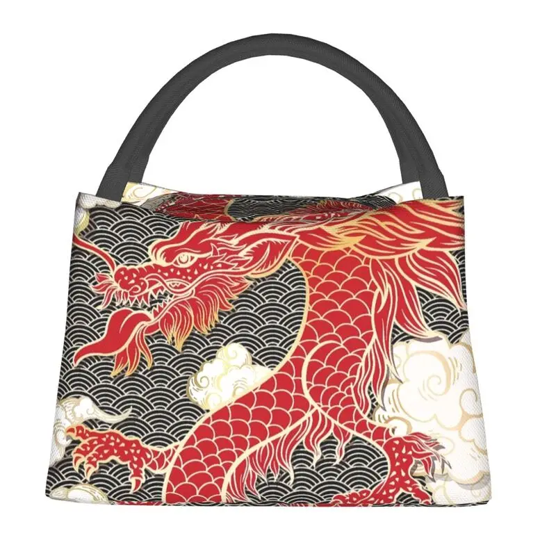 Дамски чанта за обяд с тотем на китайския червен дракон, преносим термохолодильник в традиционен азиатски стил Bento Box . ' - ' . 1