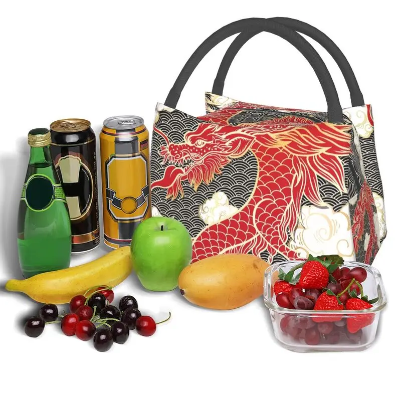 Дамски чанта за обяд с тотем на китайския червен дракон, преносим термохолодильник в традиционен азиатски стил Bento Box . ' - ' . 5