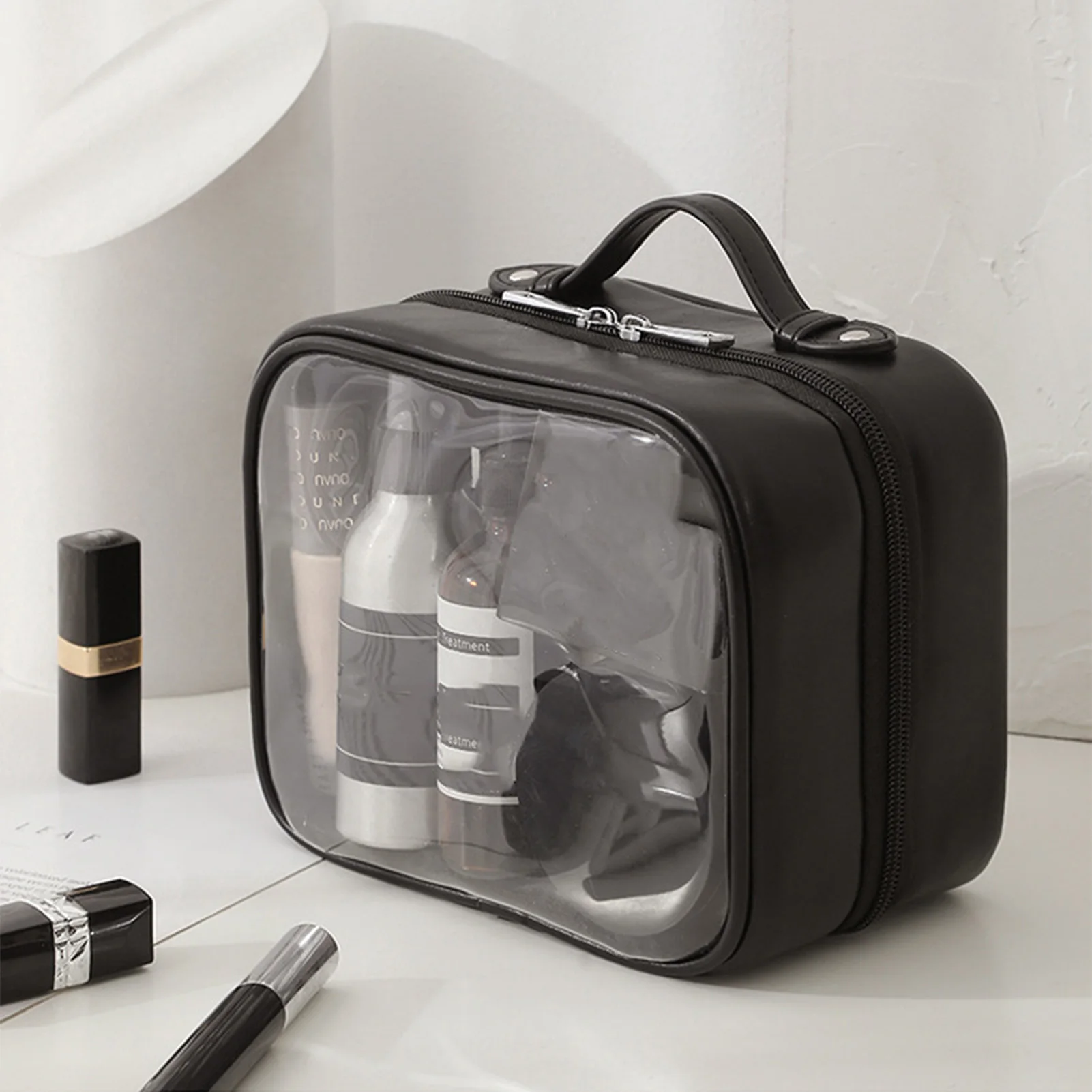 Дамска чанта от изкуствена кожа с Голям капацитет, двуслойни Водоустойчив Прозрачен козметични чанти за грим, изискан подарък за пътуване, туризъм . ' - ' . 5