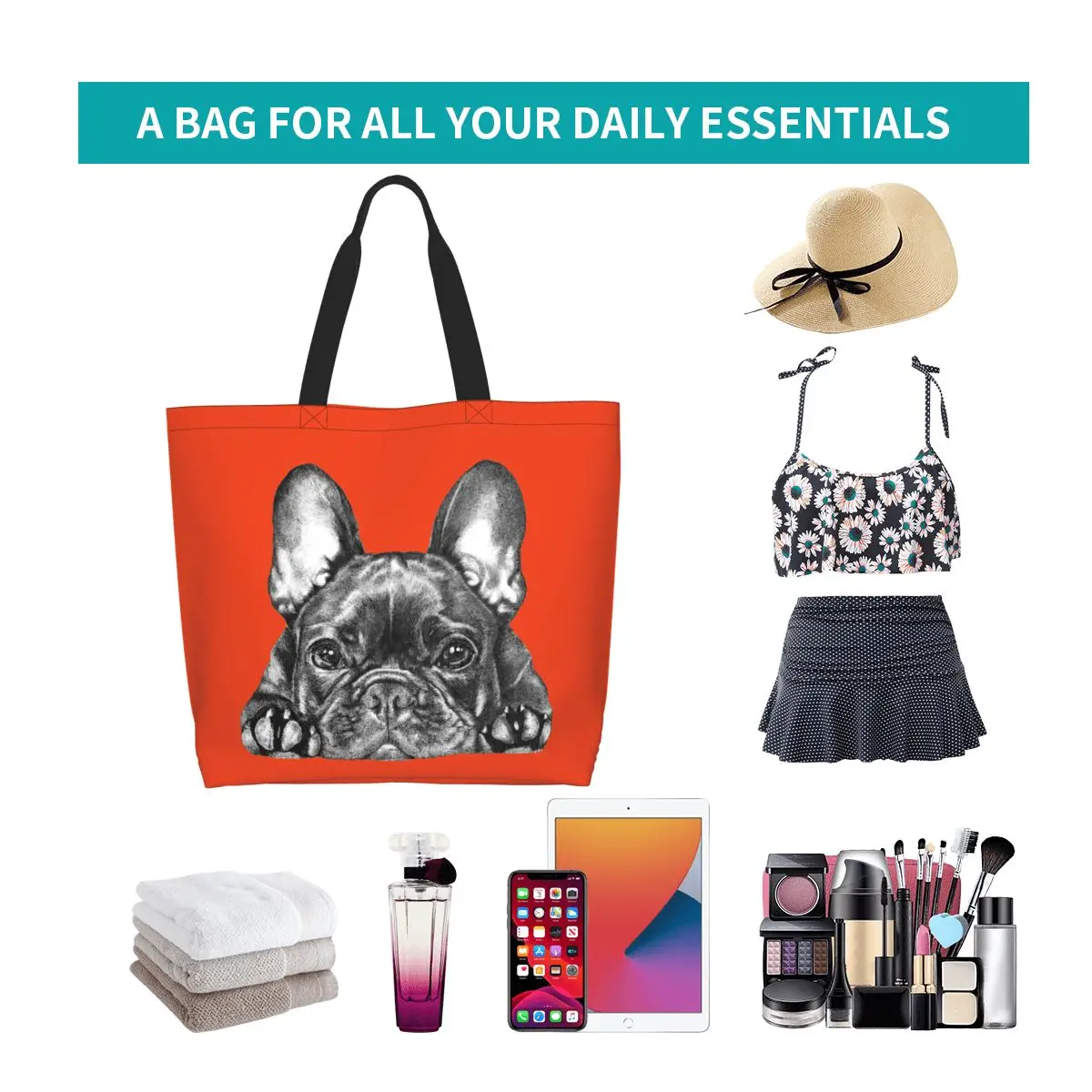 Множество чанта за пазаруване Frenchie Dog, френски булдог, женски холщовая чанта през рамо, миещи чанти за пазаруване на продукти. . ' - ' . 5
