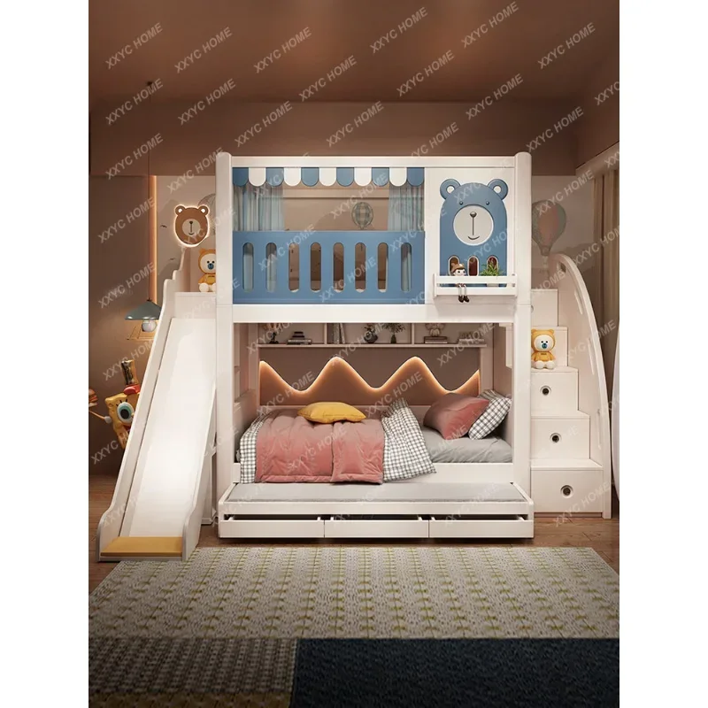 Детска с двуетажно легло с висок парапет, Момиче Принцеса, регулируеми по височина Двуетажно пързалка за детски дървени легла . ' - ' . 0