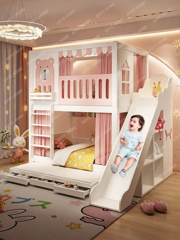 Детска с двуетажно легло с висок парапет, Момиче Принцеса, регулируеми по височина Двуетажно пързалка за детски дървени легла . ' - ' . 1