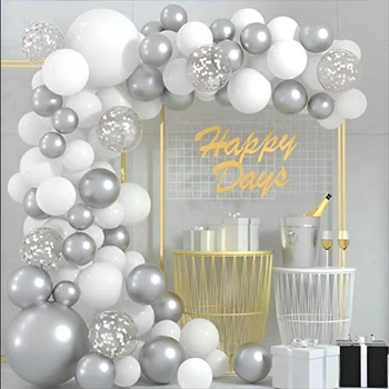 117шт Сребърен Комплект Арка с венец от балони, Сватбен декор, Рожден Ден, Бели балони, Годишнина шаферски, Абитуриентски честит рожден ден