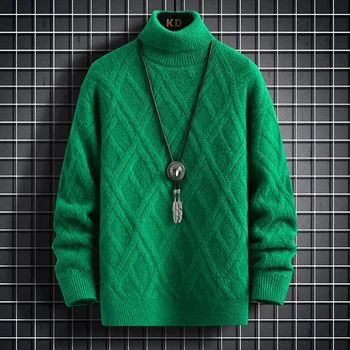 2023 Корейски пуловер с висока яка Harajuku, вязаный пуловер, есента мъжки монтиране обикновен кариран пуловер, Мъжки дрехи