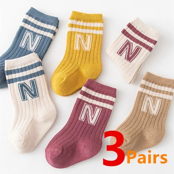 3 чифта детски трикотажни меки памучни чорапи с букви, детски чорапогащи, дълги до коляното Чорапи за бебета, малки деца, момчета и момичета, Сладки чорапи на райета