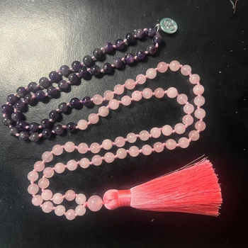 8 мм, Розов кварц, аметист, расшитое мъниста Огърлица 108 Малък, бижута за медитация, йога, молитви, окачване с четка за жени
