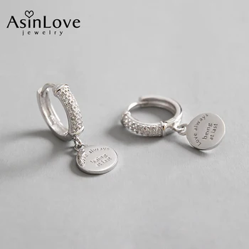 AsinLove Уникален дизайн Always Love English Label Кръгли обеци-капки с микроцирконом, дамски обеци от сребро проба 925