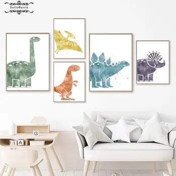 Cartoony Акварел Плакат с динозавром Животно Птерозавр Скандинавските Щампи Стенно изкуство Платно на Картини за детска стая Декор на детска