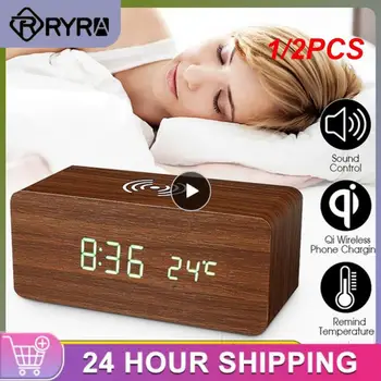 Led digital alarm clock от 1/2 предмети, дървени настолни часовници с захранван от USB/AAA с температура и влажност, Безжична зареждане, Електронно маса