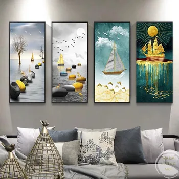 Абстрактна златна плаване с лодка Елен Златното Дърво Риба Платно Картина Модерен плакат на Спалня за дневна монтаж на стена декорация на дома, на Открито