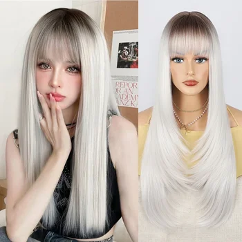 Бели многослойни перуки за жени, Дълъг естествен права перука с бретон, Черни синтетични топлоустойчива режийни косата, Cosplay-перука Лолита