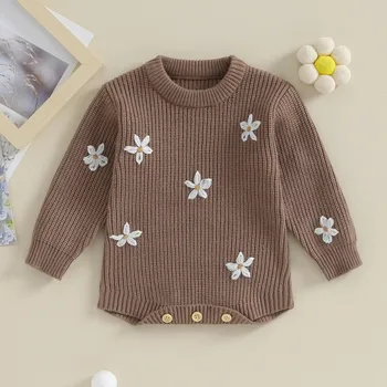 Вязаное боди за новородени момичета, пуловер, есенно-зимни дрехи, гащеризон с дълги ръкави и цветя модел за деца, дрехи за бебета