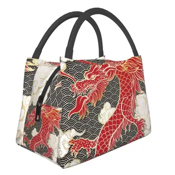 Дамски чанта за обяд с тотем на китайския червен дракон, преносим термохолодильник в традиционен азиатски стил Bento Box