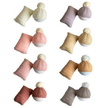 Детска Вязаная шапчица с обрат, комплект с възглавници, реквизит за снимки на новородени, шапчица-бини за главата, възглавница за фотосесия на бебета