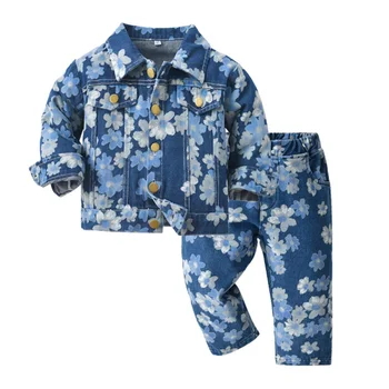 Детски дрехи 2023 Пролетна детска деним яке с дълги ръкави и цветен модел, Модни панталони с принтом, жилетка от две части