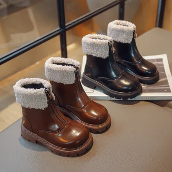 Детски зимни обувки, обикновен детски обувки на платформа и цип отпред, с модни обувки до средата на прасците, 26-36, черно-кафява унисекс обувки за момичета и момчета