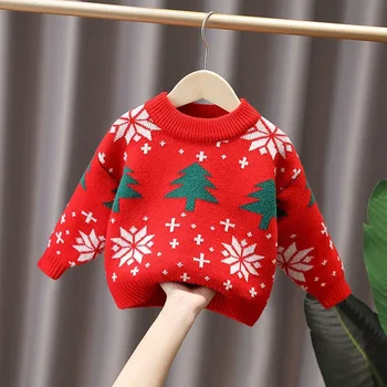 Детски Коледен пуловер, Вязаная Есенно-зимни дрехи за малките момчета и момичета, пуловер за деца с кръгло деколте, Детски връхни облекла