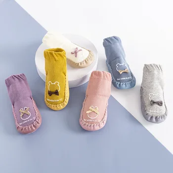 Домашни чорапи за деца, Обувки за бебета, Бебешки зимни Дебели хавлиени памучни чорапи за малки момичета, гумена подметка, бебешки мультяшные забавни чорапи