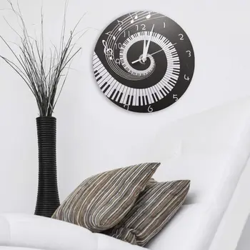 Елегантни Часовници с клавишите на Пиано Музикални Ноти Вълна Кръгли Модерните Стенни Часовници Без Батерии Черен + Бял Акрил