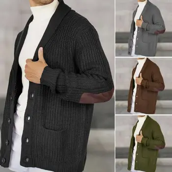 Жилетка с ревери, дебел топъл вязаный жилетка, палто от изкуствена велур, еластични джобове в стил мозайка за мъже, дълъг ръкав средна дължина за зимата