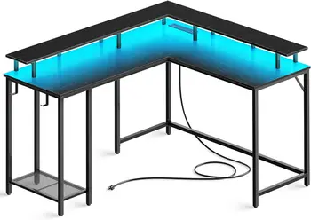 Игрална маса L-образна форма с изходи за захранване и led подсветка, компютърна маса с поставка за монитор Ъглово бюро за домашния офис с куки