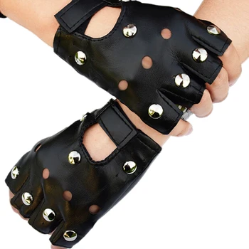 Кожени Къси Ръкавици Без Пръсти С Черни Нитове, Модерни Ръкавици На Половин Пръст