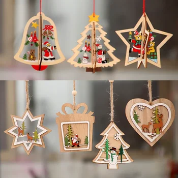 Коледна украса, дървени коледни висулки във формата на выдолбленной лазер елхи, Дървени висулки във формата на колокольчика с пентаграма, подаръци