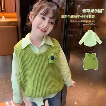 Комплект детски дрехи 2024, пролетта на нов модерен комплект за малки момичета, зелен пуловер, риза за момичета, комплект от две части