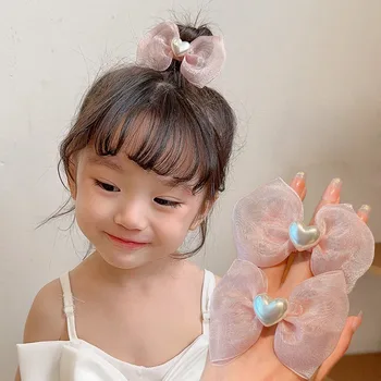 Корейската нова модна розова прежда, лък във формата на сърце, щипки за коса с имитация на перли, щипки за коса принцеси, Симпатични аксесоари за коса за момиченца