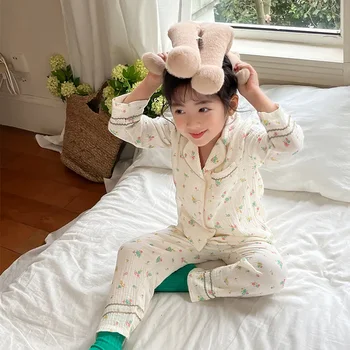 Летни пижамные комплекти за момичета, сладка пижама в корейски стил с цветен модел, 100% памук, свободна домашна дрехи за деца, за деца от 2 до 12 години